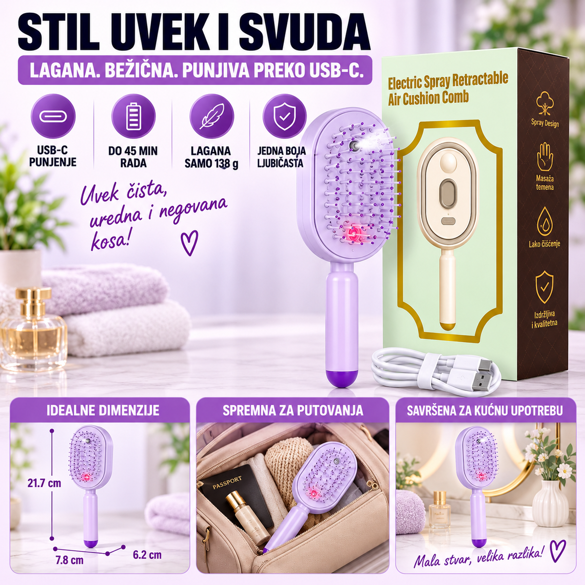 5u1 SPA električna četka za kosu – masaža, nano maglica, crveno svetlo i lako čišćenje