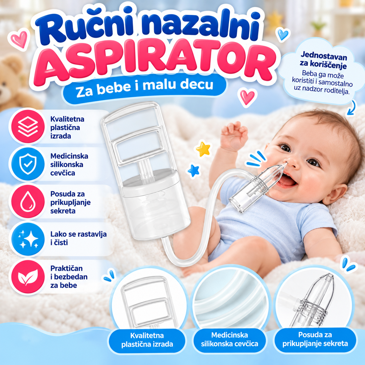 👶 Ručni nazalni aspirator za bebe – nežno i jednostavno čišćenje nosića