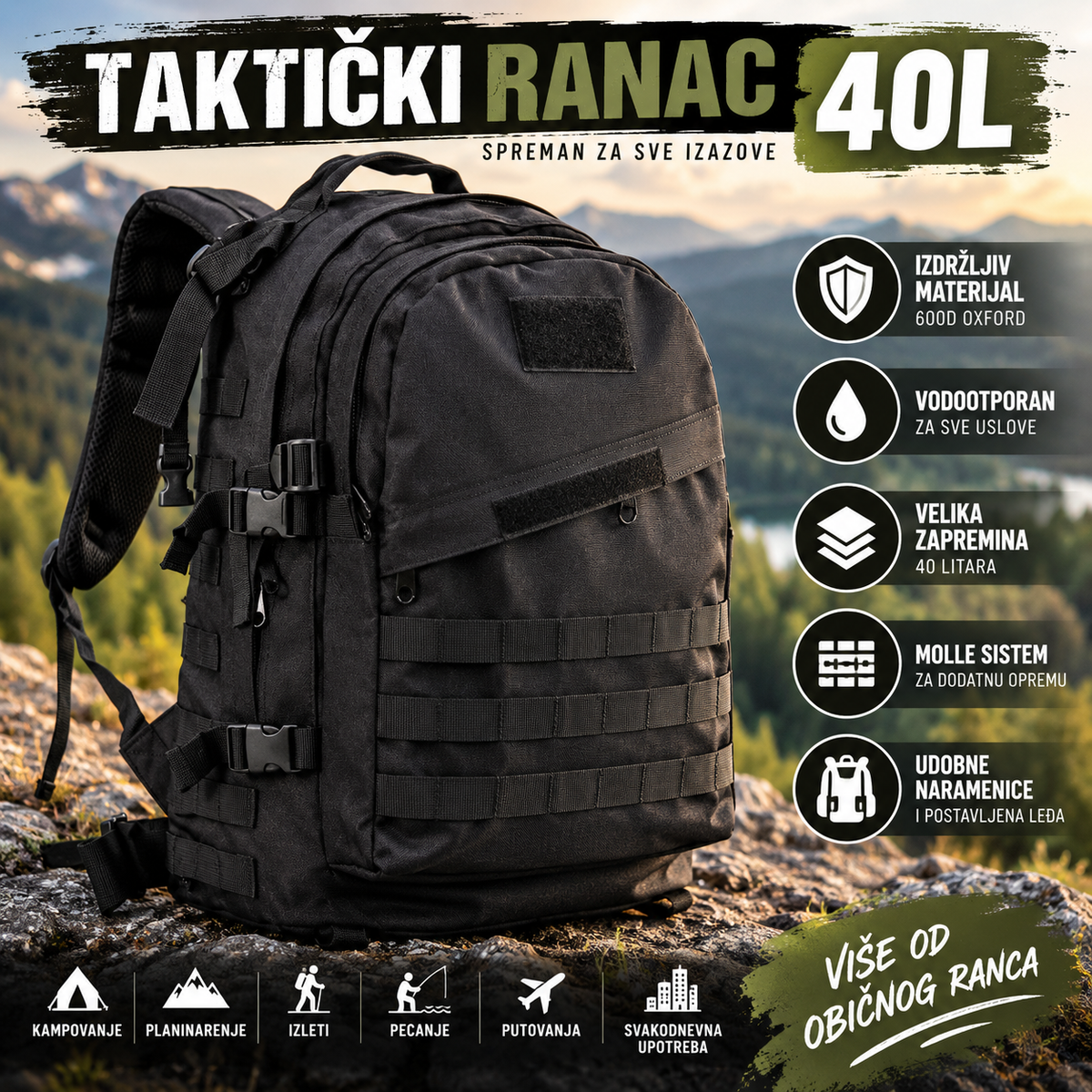 Taktički vojni ranac 40L – vodootporan, MOLLE sistem