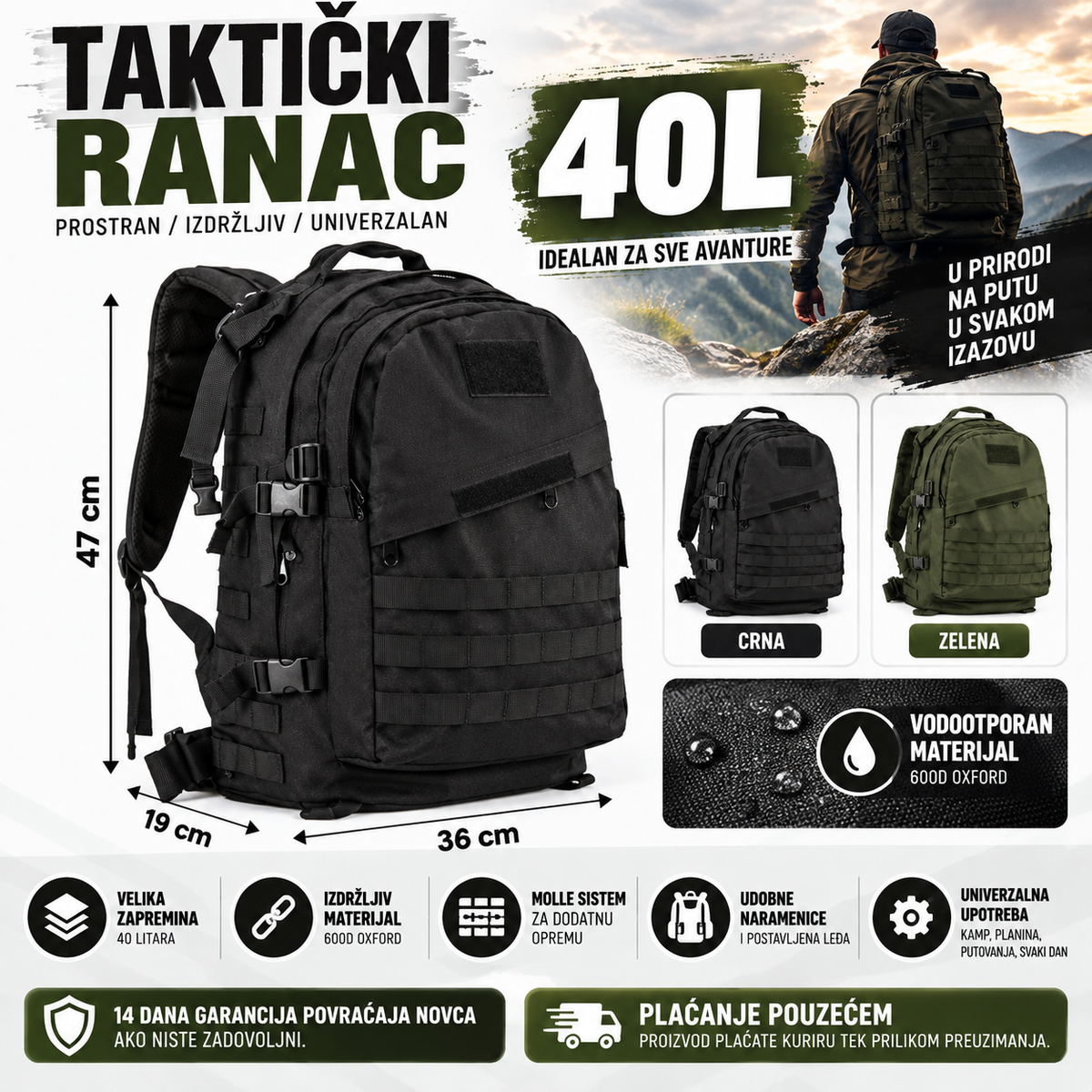 Taktički vojni ranac 40L – vodootporan, MOLLE sistem