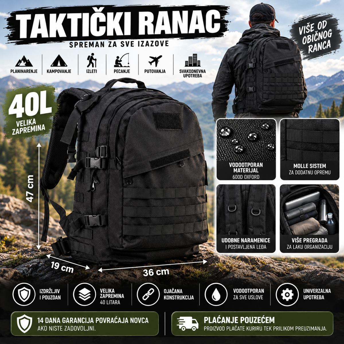 Taktički vojni ranac 40L – vodootporan, MOLLE sistem