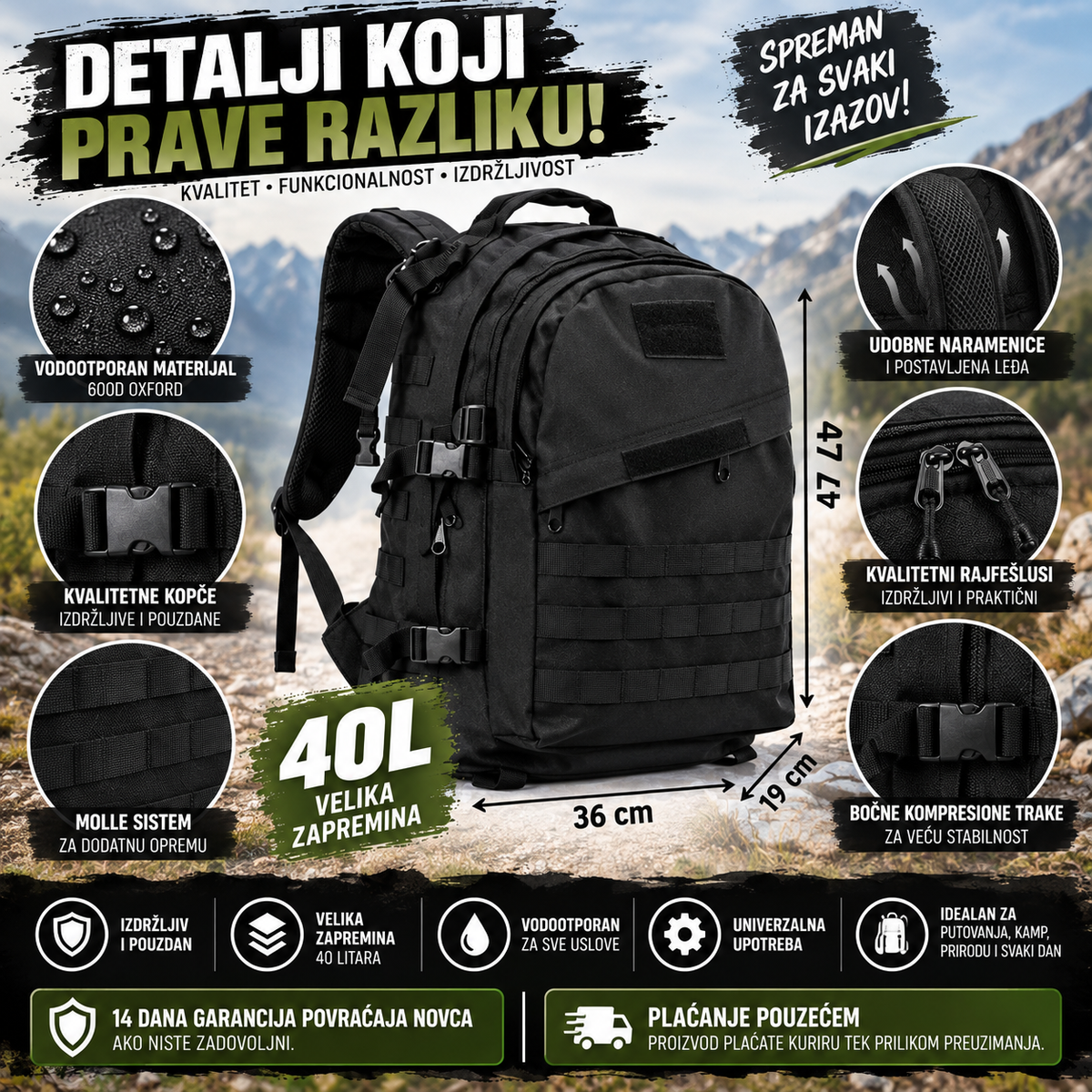 Taktički vojni ranac 40L – vodootporan, MOLLE sistem