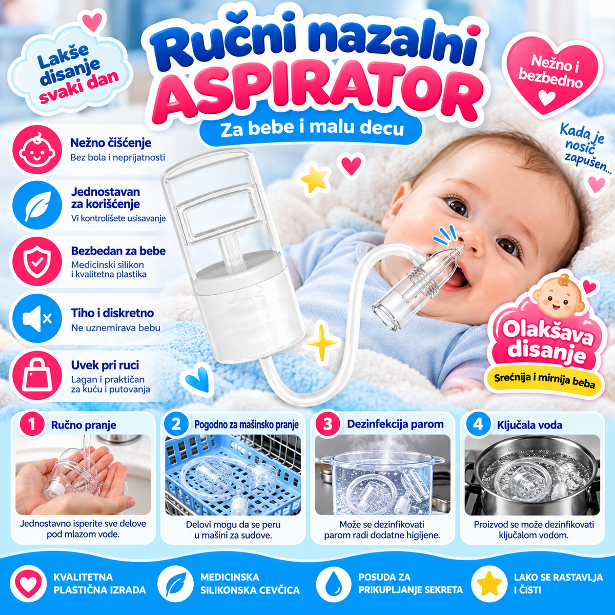 👶 Ručni nazalni aspirator za bebe – nežno i jednostavno čišćenje nosića