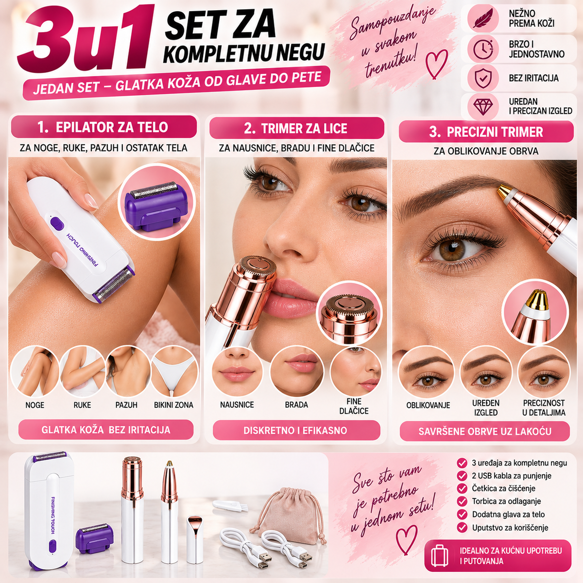 3u1 profesionalni set za uklanjanje dlačica sa tela i lica + oblikovanje obrva