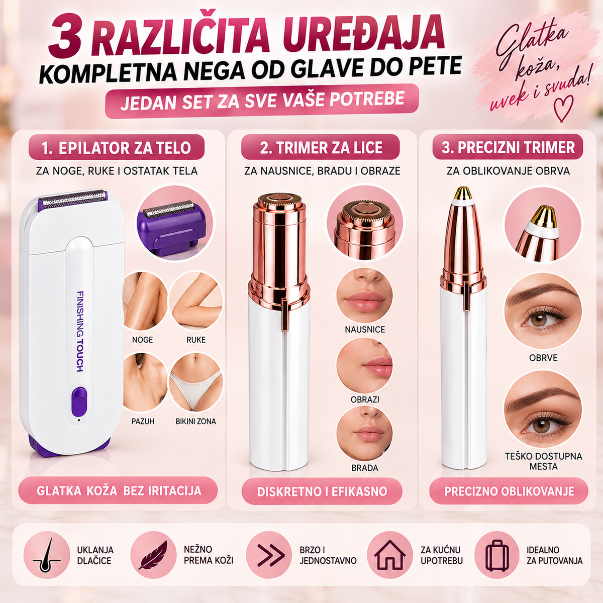3u1 profesionalni set za uklanjanje dlačica sa tela i lica + oblikovanje obrva