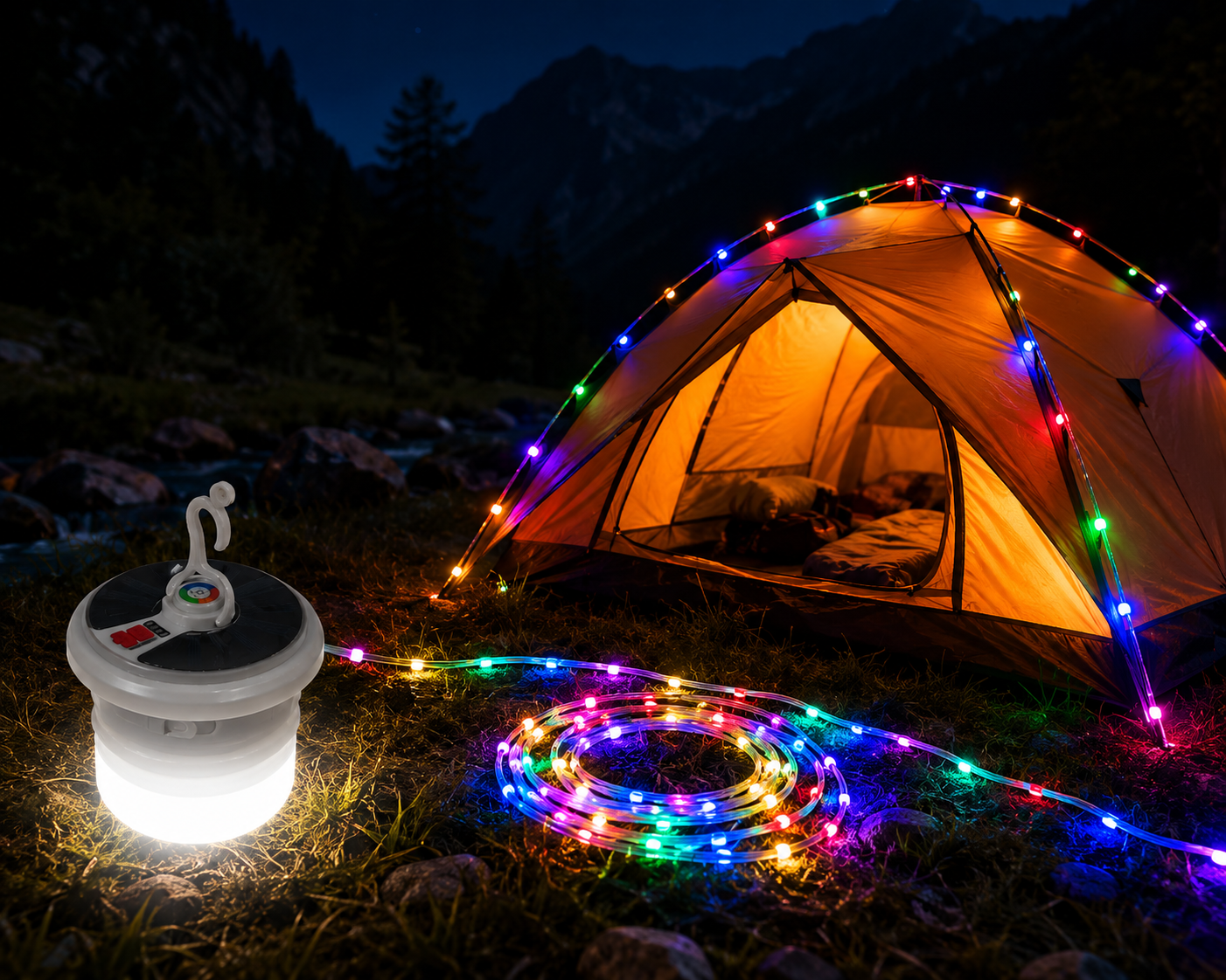 Atmosferska Kamperska Lampa sa RGB LED Trakom – Solarno Punjenje 🌈🏕️