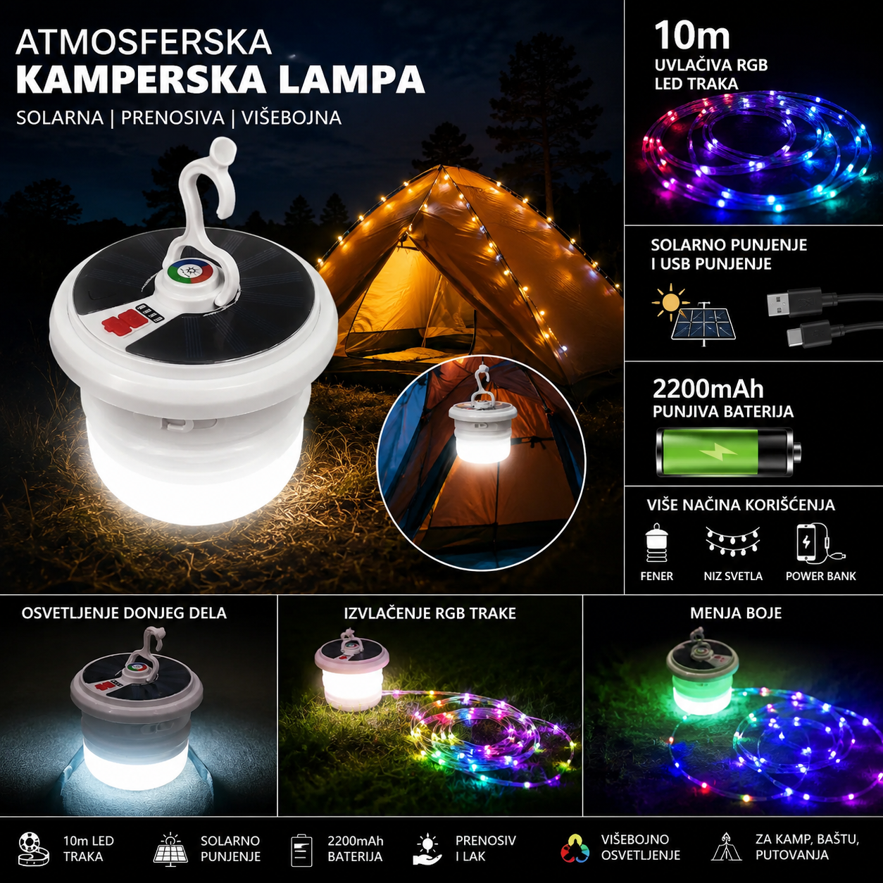 Atmosferska Kamperska Lampa sa RGB LED Trakom – Solarno Punjenje 🌈🏕️