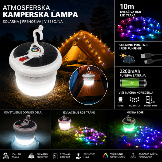 Atmosferska Kamperska Lampa sa RGB LED Trakom – Solarno Punjenje 🌈🏕️