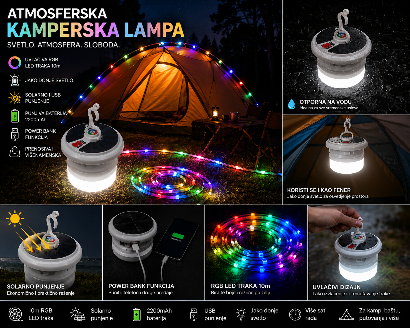 Atmosferska Kamperska Lampa sa RGB LED Trakom – Solarno Punjenje 🌈🏕️
