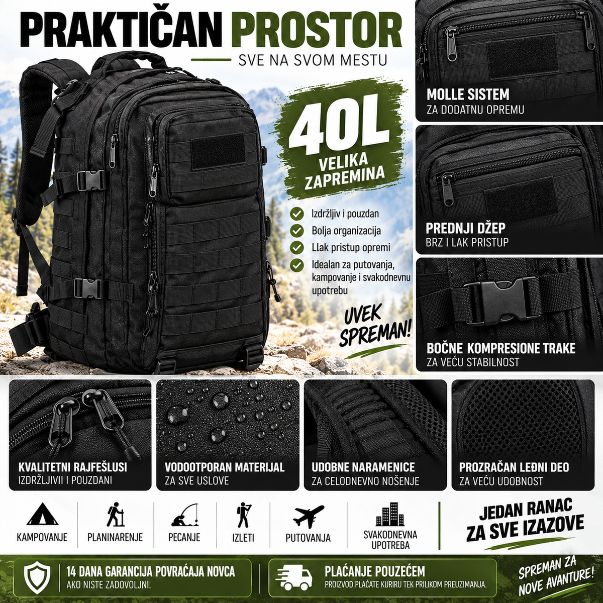 Taktički vojni ranac 40L – vodootporan, MOLLE sistem